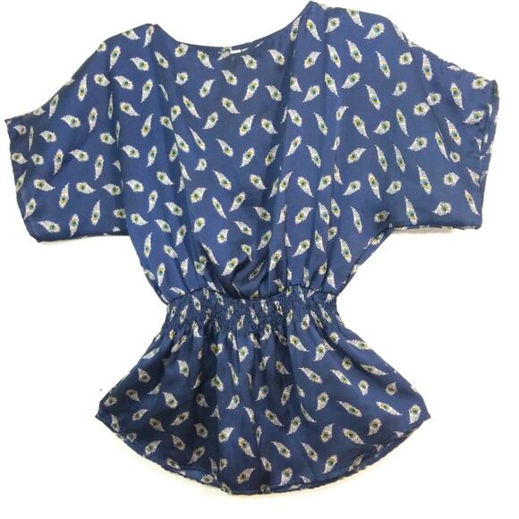 Bohemian peacock feather satiny smocked top S - Picture 1 of 8